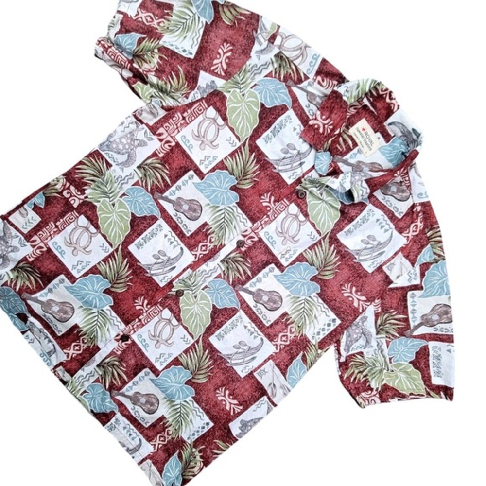 Royal Hawaiian Creations‎ Mens Large Aloha Shirt Burgundy Ukulele Turtle Print